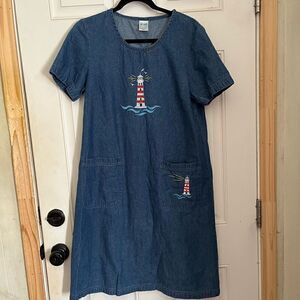 Vintage Embroidery Blue Jean Denim Dress small